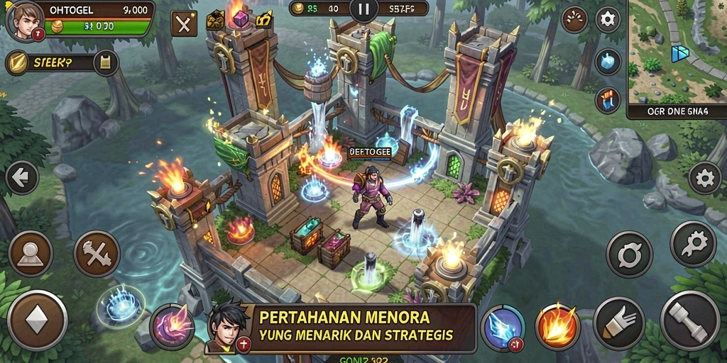 Tampilan gameplay menarik OHTOGEL dengan menara pertahanan yang megah.