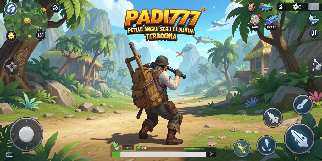 Screenshot utama menunjukkan pemain menjelajahi dunia terbuka PADI777.