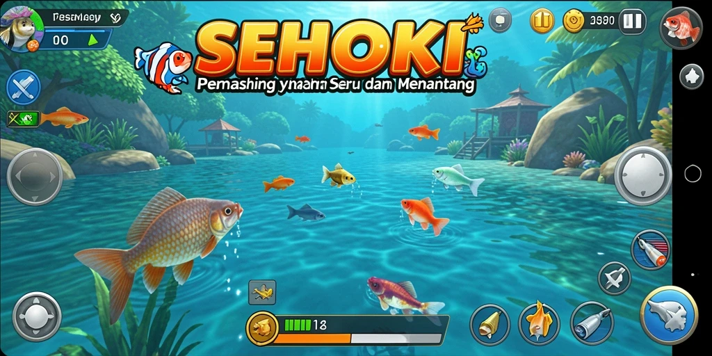 Tangkapan layar SEHOKI menampilkan pemain yang asyik memancing di danau yang indah.